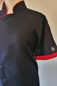 red and black chef jacket