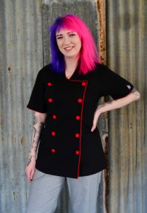 womens black and red chef jacket